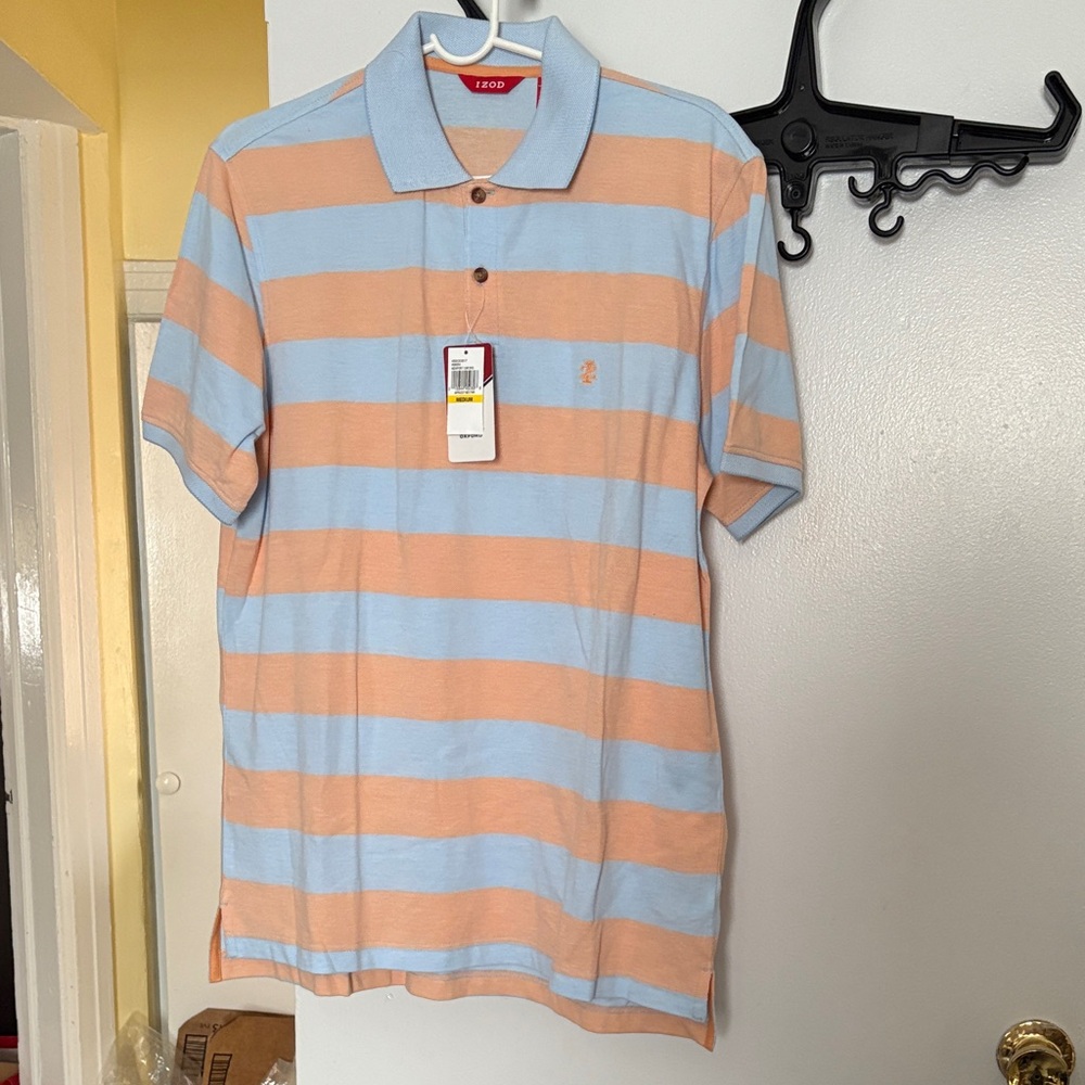 IZOD Men's Light Blue and Peach Striped Polo Shirt